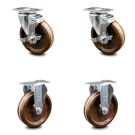 Service Caster 5 Inch High Temp Phenolic Swivel Top Plate Caster Set with 2 Brakes 2 Rigid SCC SCC-20S514-PHSHT-TLB-2-R-2